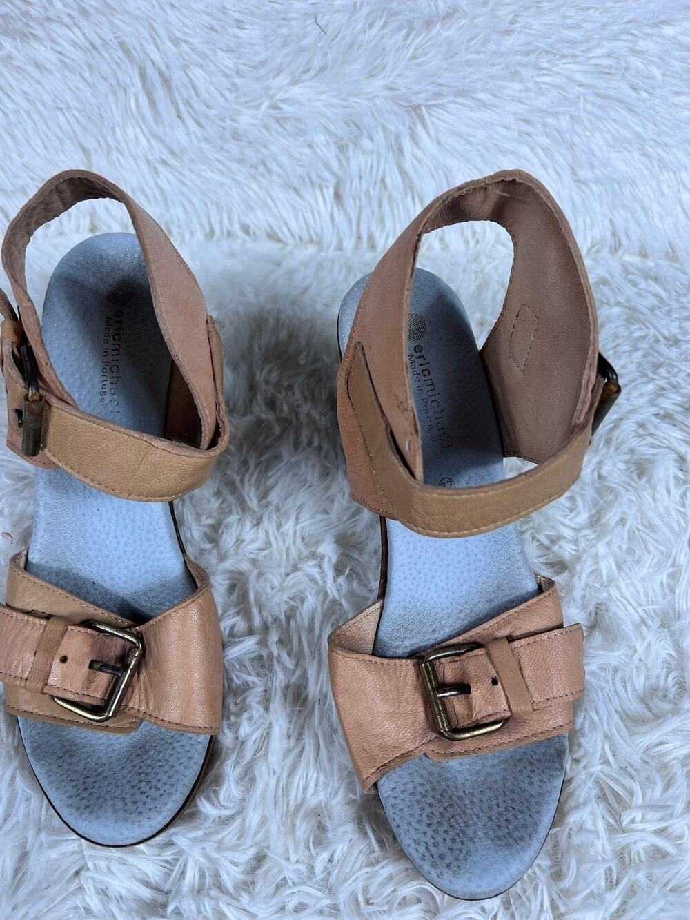 Eric Michael Shoes Womens Size 37 Tan Leather Block Heel Sandals Buckle Portugal